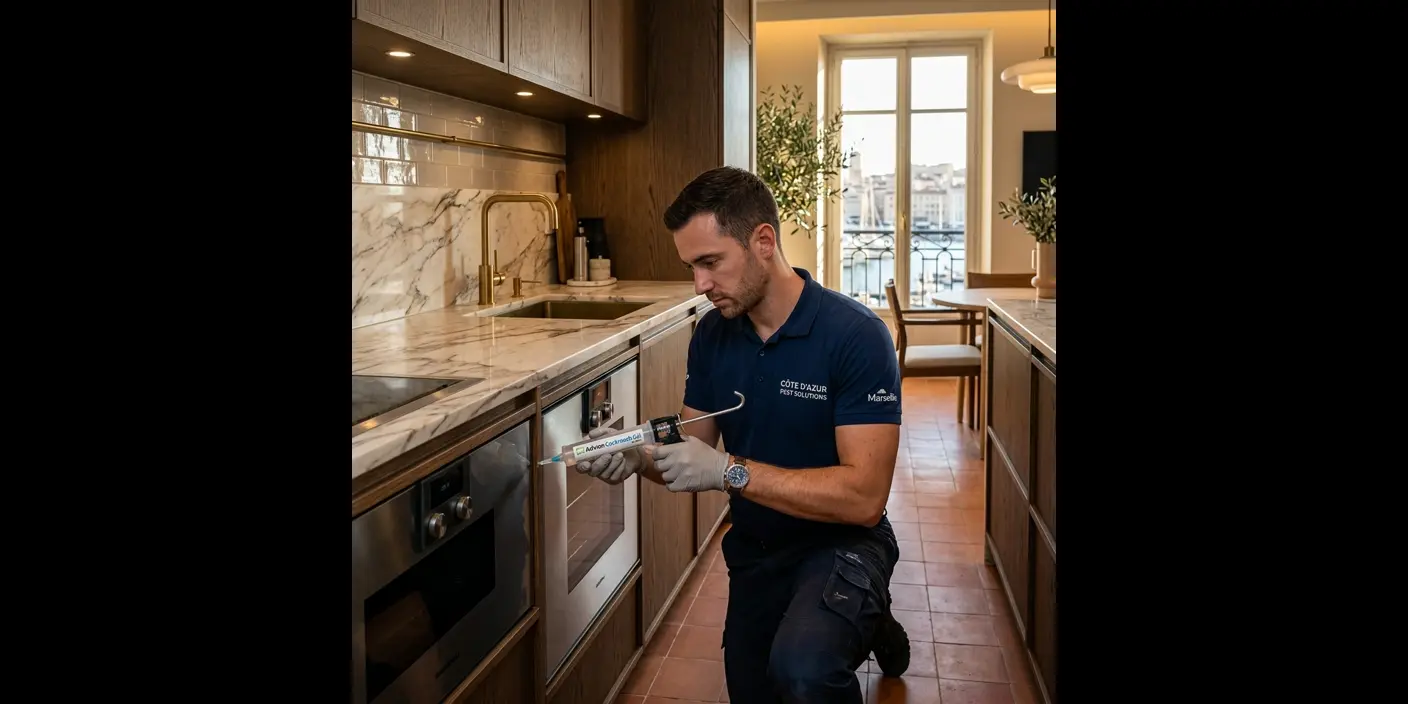 Technicien Marseille Désinsectisation appliquant un gel anti-cafards en cuisine d'appartement face au Vieux-Port