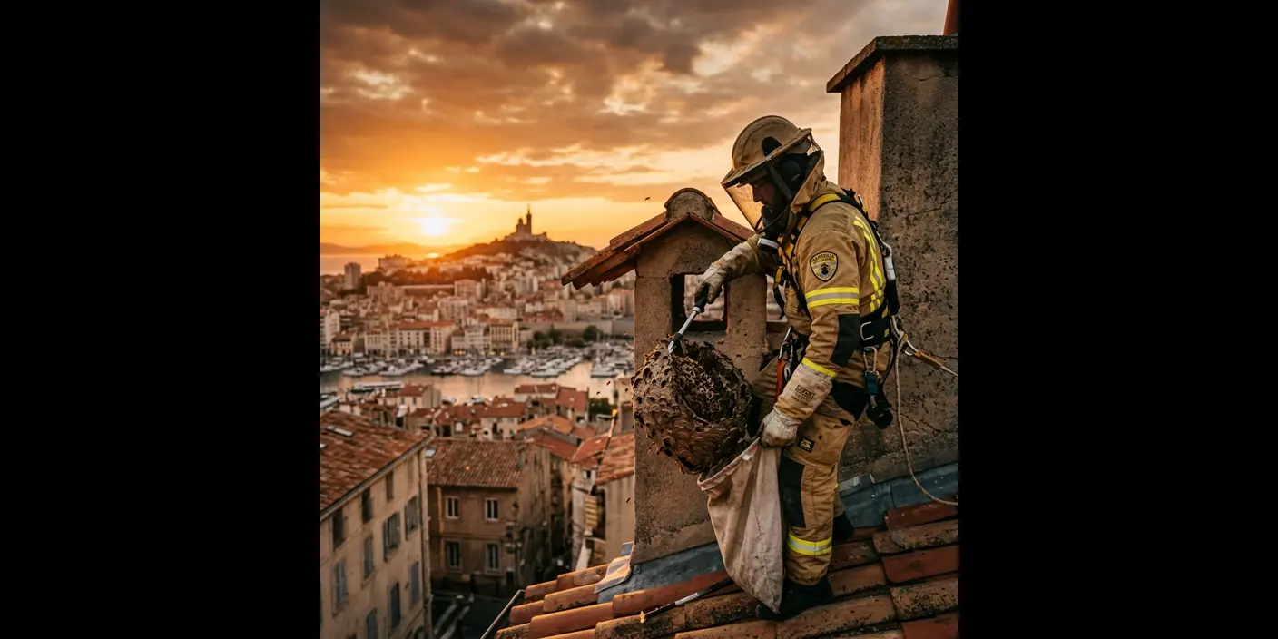 Intervention guêpes en hauteur sur toiture marseillaise au coucher de soleil avec EPI complet et matériel certifié