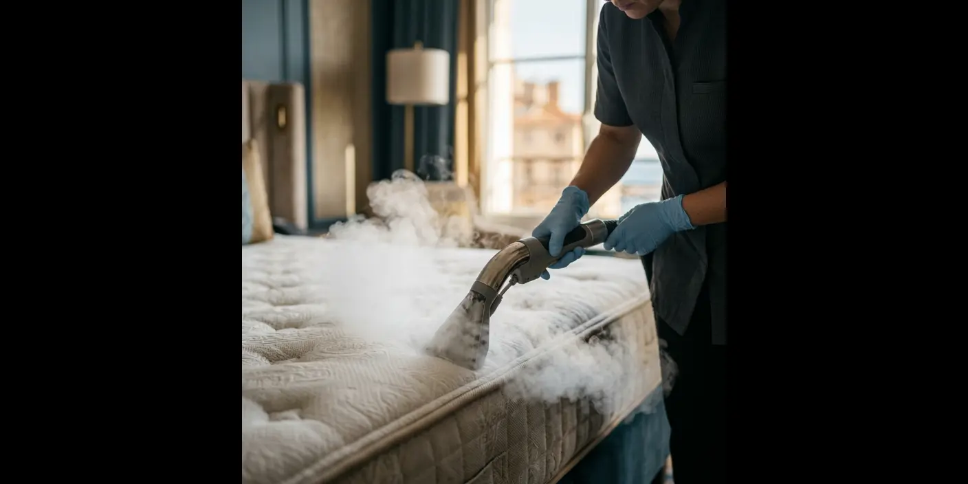 Traitement vapeur sèche d'un matelas en chambre marseillaise lumineuse, protocole punaises de lit certifié